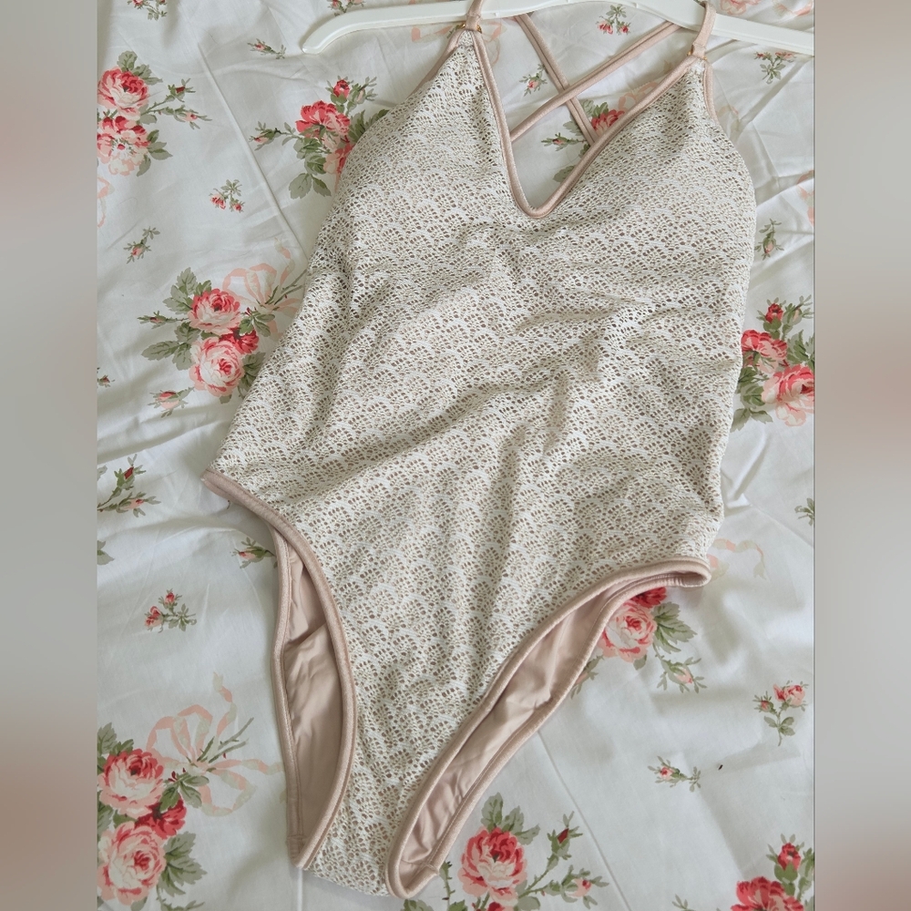 PQ Swim Lace Metallic Gold One-Piece Swimsuit Sz L Coquette Resortwear Festival